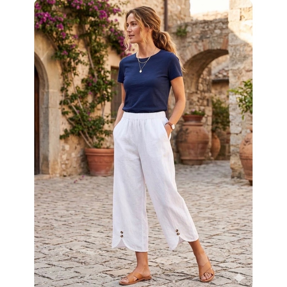 Tulip Hem Wide Leg Cropped Pants L Off White Button Hem Linen Look Coastal Boho
